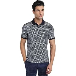 park avenue Men Slim Fit Print Pattern Cotton Polyester Blend Half Sleeve Polo Neck Casual T-Shirt Blue-picture-22