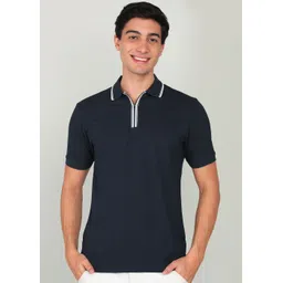 park avenue Men Solid Polo Neck Cotton Blend Dark Blue T-Shirt-picture-12