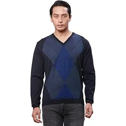 park avenue Men's Regular Fit Acrylic Wool Blend Full Sleeve V Neck Argyle Pattern Dark Blue Casual Sweater-picture-33