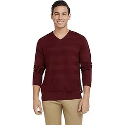 park avenue Men's Regular Fit Acrylic Wool Blend Full Sleeve V Neck Solid Pattern Dark Green Casual Sweater-picture-35