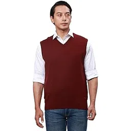 park avenue Men's Regular Fit Acrylic Wool Blend Sleeveless V Neck Solid Pattern Dark Green Casual Sweater-picture-23