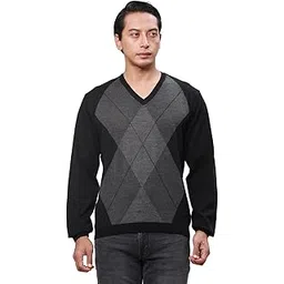 park avenue Men's Regular Fit Argyle Pattern Acrylic Blend Full Sleeve V Neck Casual Sweater (Size: XS)-PCWA00266-K8 Black-picture-27