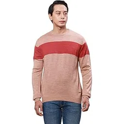 park avenue Men's Regular Fit Pure Acrylic Full Sleeve V Neck Stripe Pattern Light Orange Casual Sweater-picture-37