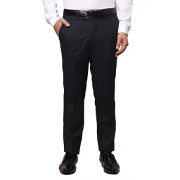 Park Avenue Navy Slim Fit Check Flat Front Trousers-picture-33
