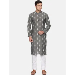 PAROKSH Men Grey & White Ethnic Motifs Ikat  Handloom Pure Cotton Kurta-picture-31