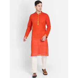 PAROKSH Men Orange Thread Work Handloom Kurta-picture-12
