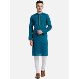 PAROKSH Men Teal Blue Woven Design Cotton Thread Work Handloom Kurta-picture-37