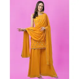 PARROT CREATION Geometric Embroidered Georgette Straight Kurti With Palazzo & Dupatta-picture-11