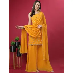 PARROT CREATION Geometric Embroidered Georgette Straight Kurti With Sharara & Dupatta-picture-22