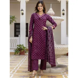 PARTHVI Floral Printed V-Neck Pure Cotton Straight Kurta With Trouser And Dupatta-image-37