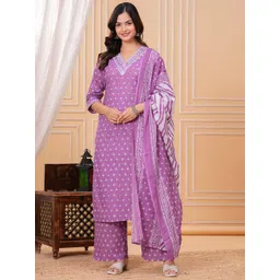 PARTHVI Women Ethnic Motifs Printed Thread Work Pure Cotton Kurta with Trousers & Dupatta-picture-21