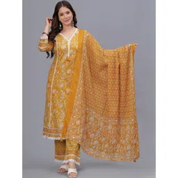 PARTHVI Women Floral Printed Regular Mirror Work Pure Cotton Kurta with Trousers & Dupatta-image-3