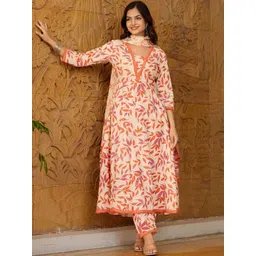 PARTHVI Women Floral Printed Regular Thread Work Pure Cotton Kurta with Trousers & With Dupatta-picture-37