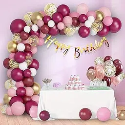 Party Propz Happy Birthday Decoration Items for Girls-63Pcs Burgundy Balloons for Decoration | Pink Birthday Balloons for Decorations | Birthday Decorations for Wife | Happy Birthday Banner(Cardstock)-picture-12