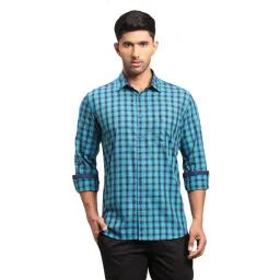 Parx Blue Cotton Slim Fit Checks Shirts-picture-33