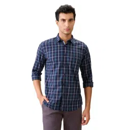 Parx Blue Cotton Slim Fit Chequered Casual Shirt-picture-26