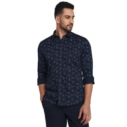 Parx Blue Cotton Slim Fit Printed Casual Shirt image 1