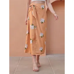 Pasha India Orange Knotted Floral Wrap Midi Skirt-picture-38