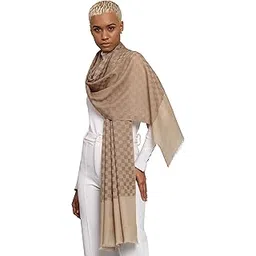 pashtush Womens Extra Fine Wool Stole, Checkered Weave Design, Taupe-picture-10