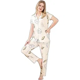 pastel clip Night Suit for Women Cotton | Tea & Biscuits Printed Night Dress for Woman | Shirt & Pajama Set 2014-YL-picture-46