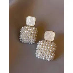 PASU FASHION Gold-Plated Artificial Beads Beaded Square Drop Earrings-picture-23