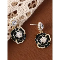PASU FASHION Gold-Plated Artificial Stone Studded & Pearls Beaded Floral Drop Earrings-picture-12
