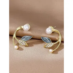 PASU FASHION Gold-Plated Artificial Stone Studded & Pearls Beaded Floral Studs-picture-11