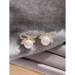 PASU FASHION Gold-Plated Artificial Stones And Pearls Studded Contemporary Shaped Studs-picture-29