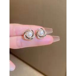 PASU FASHION Gold-Plated Artificial Stones Studded & Beads Beaded Floral Studs image 3