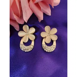 PASU FASHION Gold-Plated Artificial Stones Studded Floral Drop Earrings image 1
