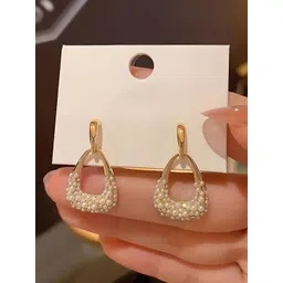 PASU FASHION Gold-Plated Pearls Studded Contemporary Shaped Drop Earrings-picture-34