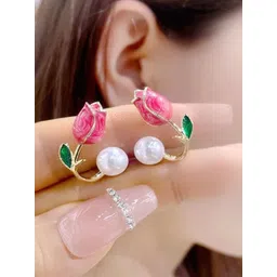 PASU FASHION Gold-Plated Pearls Studded Floral Shaped Ear Cuffs-picture-30