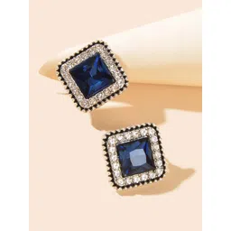 PASU FASHION Silver-Plated Artificial Stone Studded Square Studs-picture-36