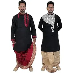 Pasupati Textile Men's Dupion Silk Ready to Wear Mayur Puchha Dhoti/Traditional Pant Style Stitched Floral Zari Border Dhoti (Combo of 2)-picture-50