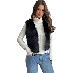 PATAKADEVI Black Faux Fur Vest | For Stylish Appearance | Sleeveless Short Length | Soft Textured Fabric | Lightweight Layering Piece | Voluminous Fit | Casual Outerwear | Fashionable Attire-picture-24