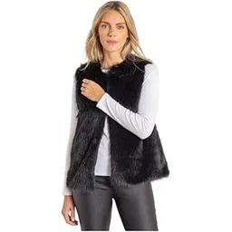 PATAKADEVI Womens Fluffy Faux Fur Sleeveless Open Front Vest Waistcoat | For Layering Outerwear Casual Style | Black Soft Lined Garment | Polyester Faux Fur Texture | Autumn And Winter Season Piece-picture-46