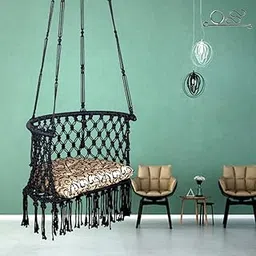 Patiofy C Shape Swing For Balcony/Bohemian Style Swing Chair/Unjal Chair/Jhula For Indoor,Outdoor/Includes Free Hanging Items & Floral Golden Cushion/Weight Capacity 120 Kgs(Black)-Polyester-image-19