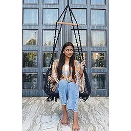 Patiofy Swing For Adults/Jhula For Adults/Wooden Swing For Living Room/Swing For Balcony/Swing For Adults For Home/Large Cotton D Shape Hammock Hanging Swing W/ Wooden Bar(Black)-20 Cm,64 Cm,152 Cm-picture-15