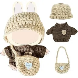 PATPAT® Clothes for 17cm Dolls, Clothes Set for 17cm Plush Toys, Crochet Knitted 3 Piece Set Hat Clothes Backpack for Dolls, Stylish Cute Doll Dress up Accessories (No Doll) (Brown)-picture-12