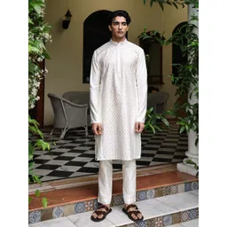 PATR Men Ethnic Motifs Embroidered Thread Work Mandarin Collar Cotton Straight Kurta-picture-14