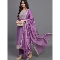 PAVANPUTRA FAB Floral Embroidered Round Neck Straight Kurta With Trousers & Dupatta-picture-33