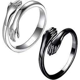 PDY FASHION Pack of 2 Adjustable Stainless Steel Black and slver Color Hug Ring Valentine's Day/Anniversary Love Couple Embrace Statement Promise Hand Hug Me Thumb Finger-picture-17