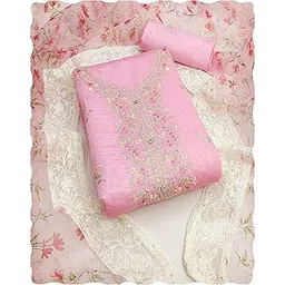 peachmode Floral Embroidered Chanderi Silk Dress Material | Unstitched Suit Set with Santoon Bottom, Organza Dupatta for Women-picture-11