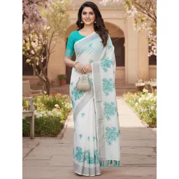 Peachmode Women Blue Floral Embroidered Pure Linen Saree-picture-23
