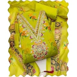 peachmode Women's Floral Printed Sequins & Embroidery Chanderi Silk Unstitched Dress Material | Stylish Ladies Latest Salwar Suit Sets Trendy Kurtas Kurti Pant with Dupatta for Women 3 Piece Free Size-picture-21