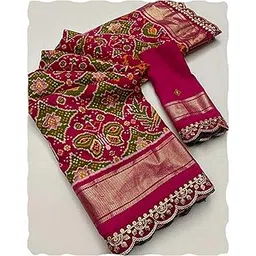 peachmode Womens Ikkat Printed Dola Silk Saree with Unstitched Dola Silk Blouse Piece| Sequin Embroidered Border | Dola Silk Saree | Festive & Function Wear Saree-picture-33