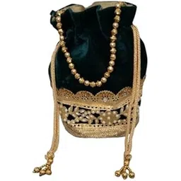 Peacock Green Velvet Potli Bag with Golden Pearl Handle-picture-13