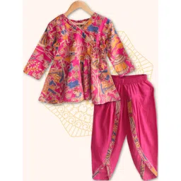 Peekaaboo Kids Girls Ethnic Motifs Printed Angrakha Pure Cotton Kurti with Dhoti Pants-picture-52
