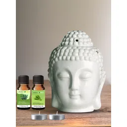 PEEPALCOMM 5Pcs White Ceramic Buddha-Aroma Diffuser With Essential Oils & T-Light Candles-image-1