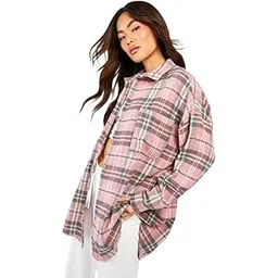 PEEPERLY Shirt for Women Outt Elegance Plaid Full Sleeve 100% Cotton Regular Fit Turn Down Collar Women Stylish Long Shirt (Pink)-picture-35